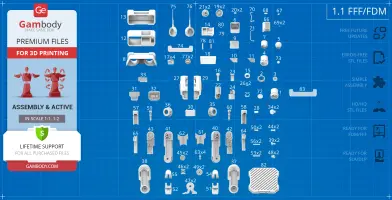 Layout of BD-1 Droid 3D print parts from STAR WARS, on a blueprint-style background.