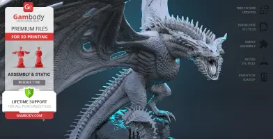 A detailed 3D model of a dragon on a rocky base, highlighting features for 3D printing by Gambody.