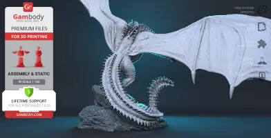A 3D model image of a dragon with outstretched wings, showcased for 3D printing on a display platform.