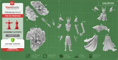 3D model kit showing a detailed Sauron figure, presented alongside a crafting and assembly guide.