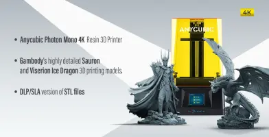 Anycubic Photon Mono 4K printer with detailed Viserion dragon and Sauron 3D models.
