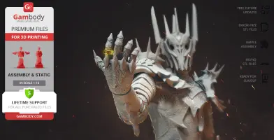 A detailed 3D model of a dark, armored figure with a crown, holding a ring, ready for 3D printing.