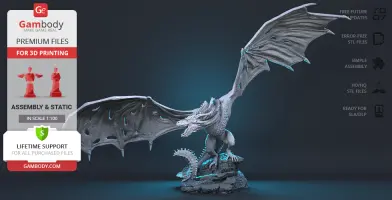 A detailed dragon 3D model with outstretched wings, ready for 3D printing, on a textured base.