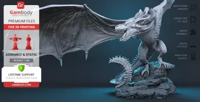 A detailed 3D model of a dragon with raised wings, perched on rocks, designed for 3D printing.