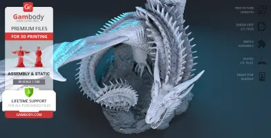 A detailed 3D model of a dragon with spiky scales, ready for 3D printing, shown on Gambody's interface.