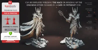 3D models of armored figures with skull bases, featuring a spiked mace and optional cape for printing.