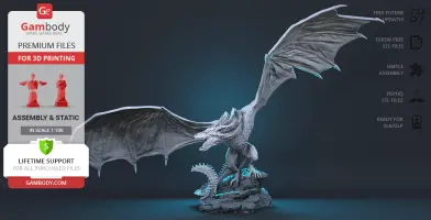 A detailed 3D model of a dragon with wide wings on a rocky base, designed for 3D printing.