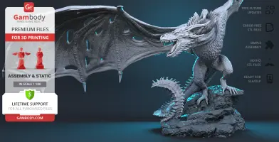 A detailed 3D model of a dragon with outstretched wings, perched on a rocky base.