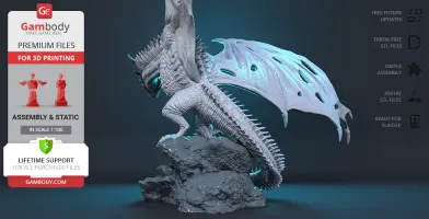 A 3D-rendered dragon perched on a rock, with wings extended, featured for 3D printing.