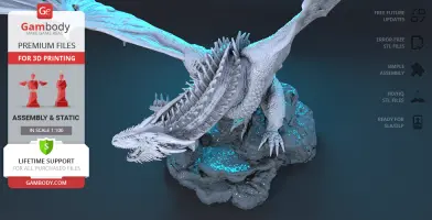 A detailed 3D model of a dragon perched on rocks, designed for 3D printing.