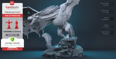 A detailed 3D model of a dragon with outstretched wings on a rocky base, designed for 3D printing.