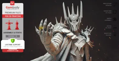 Armored character with spiked helmet holding a ring, surrounded by promotional text for 3D model files.