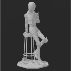 3D model of a person leaning on a stool, dressed in detailed attire from 'Attack on Titan.'