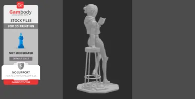 A 3D model of a standing female figure on a stool, with short hair, holding a book and wearing a jacket.