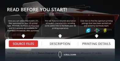 A red RZ-1 A-Wing 3D model preview with tabs for source files, description, and printing details.