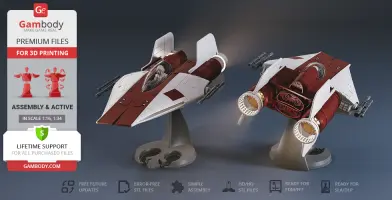 Two detailed RZ-1 A-Wing 3D models on stands, ready for printing, front and rear views.