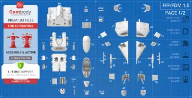 Blueprint-style layout of RZ-1 A-Wing parts for 3D printing, with detailed numbered components.