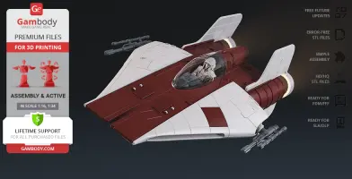 A detailed 3D model of an RZ-1 A-Wing starfighter for 3D printing, with red and white color scheme.