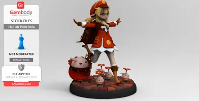 A chibi-style character in a red outfit stands on a base with small creatures, ready for 3D printing.