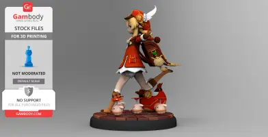 A 3D model of a character in red attire, standing on a round base, designed for printing.