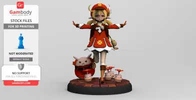 A character in a red outfit with companions on a round base, designed for 3D printing.