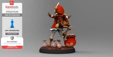 A whimsical character in red attire, holding bombs, standing on a round base, viewed from behind.