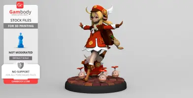 A figure of a character in a red outfit striking a playful pose, standing on a stone-like base.