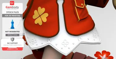 A detailed 3D print model of a character in a red outfit with floral designs and a white trim.