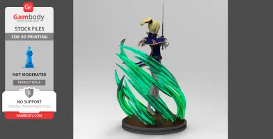 A 3D model of a character with a sword, surrounded by swirling green energy, standing on a circular base.