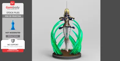 A female warrior figure in armor holding a sword, surrounded by green energy arcs on a circular base.