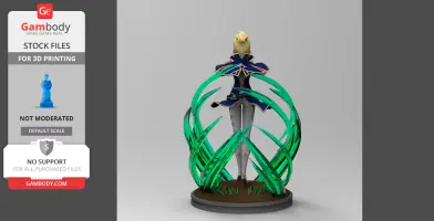 A 3D model of a character with a sword, surrounded by green energy waves, ready for printing.
