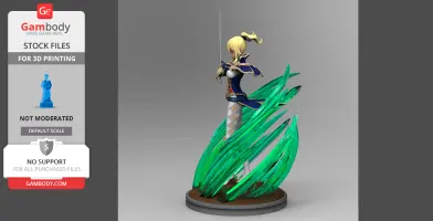 3D model of a character with a sword, surrounded by swirling green energy on a round base.
