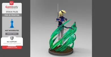 A 3D model of a character with a sword, surrounded by swirling green energy, standing on a round base.