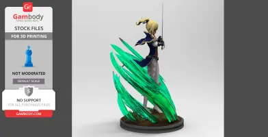 A 3D model of a blonde character with a sword and green energy effect for 3D printing.