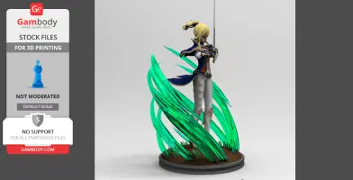 A warrior figure with sword stands amid green energy waves, ready for 3D printing.