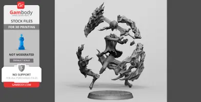 A dynamic 3D model of a warrior character in mid-action, surrounded by dramatic flame-like elements.