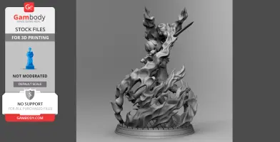 A dynamic 3D model of a warrior with a sword, surrounded by swirling flames, on a detailed base.