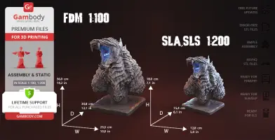 A detailed Godzilla bust for 3D printing, shown in two scales with measurements, by Gambody.