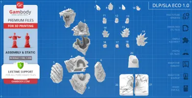 3D printable Godzilla Singular Point bust parts layout on a blueprint-style background.