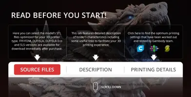 A detailed Godzilla bust with text overlay detailing 3D printing file options and tabs for source, description, and printing info.