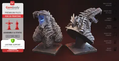 A detailed 3D bust of Godzilla with texture, ready for 3D printing on display stands.