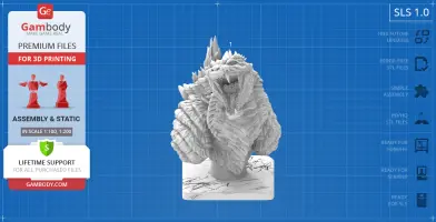 A detailed bust of Godzilla Singular Point for 3D printing, showing a fierce expression and textured surface.