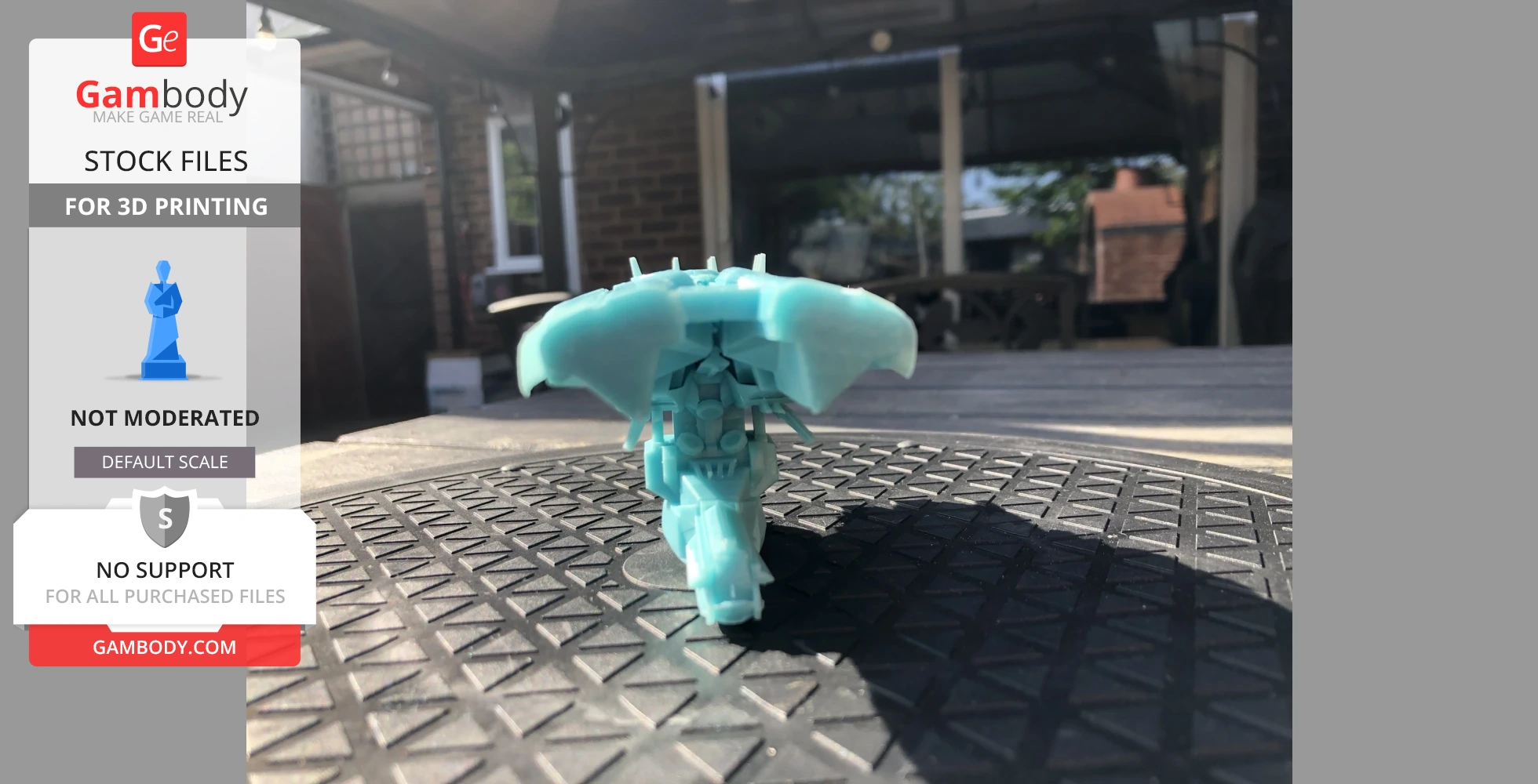 3D printed turquoise Leshak spaceship from EVE Online, placed on a textured surface outdoors.