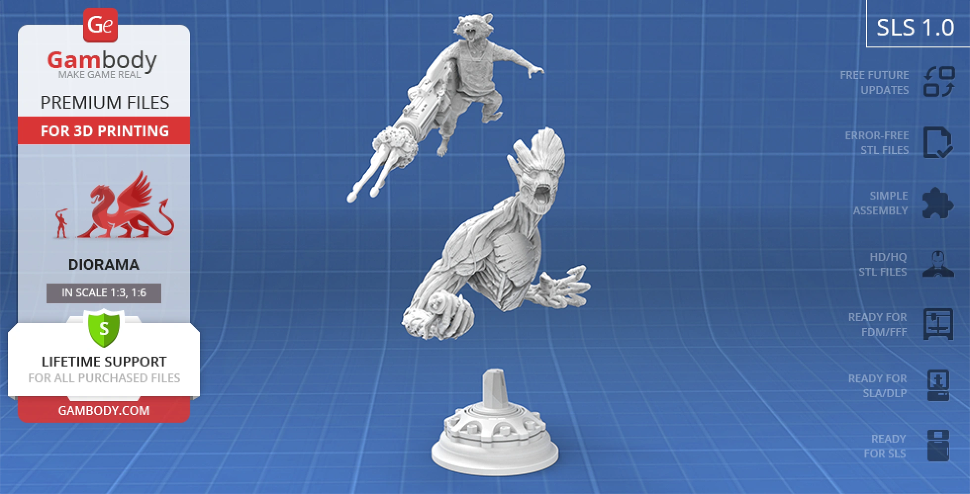 Sculpted bust of a tree-like figure with a raccoon wielding a large gun, set in a dynamic diorama pose.