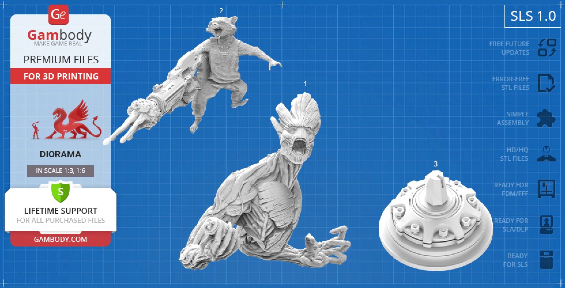 A detailed 3D model diorama featuring a humanoid tree creature and a raccoon with a large weapon.