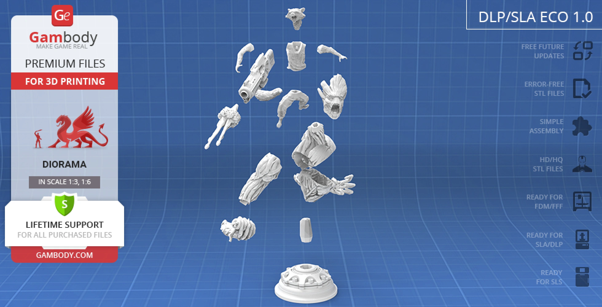 3D printing parts of Rocket and Groot bust diorama, with a base for assembly.