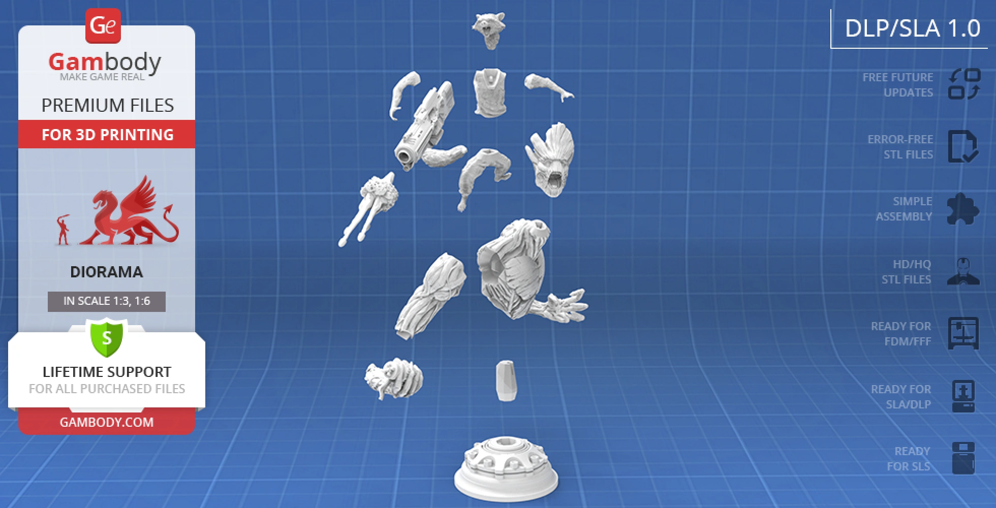 Disassembled 3D model bust of two characters for printing, featuring detailed components.
