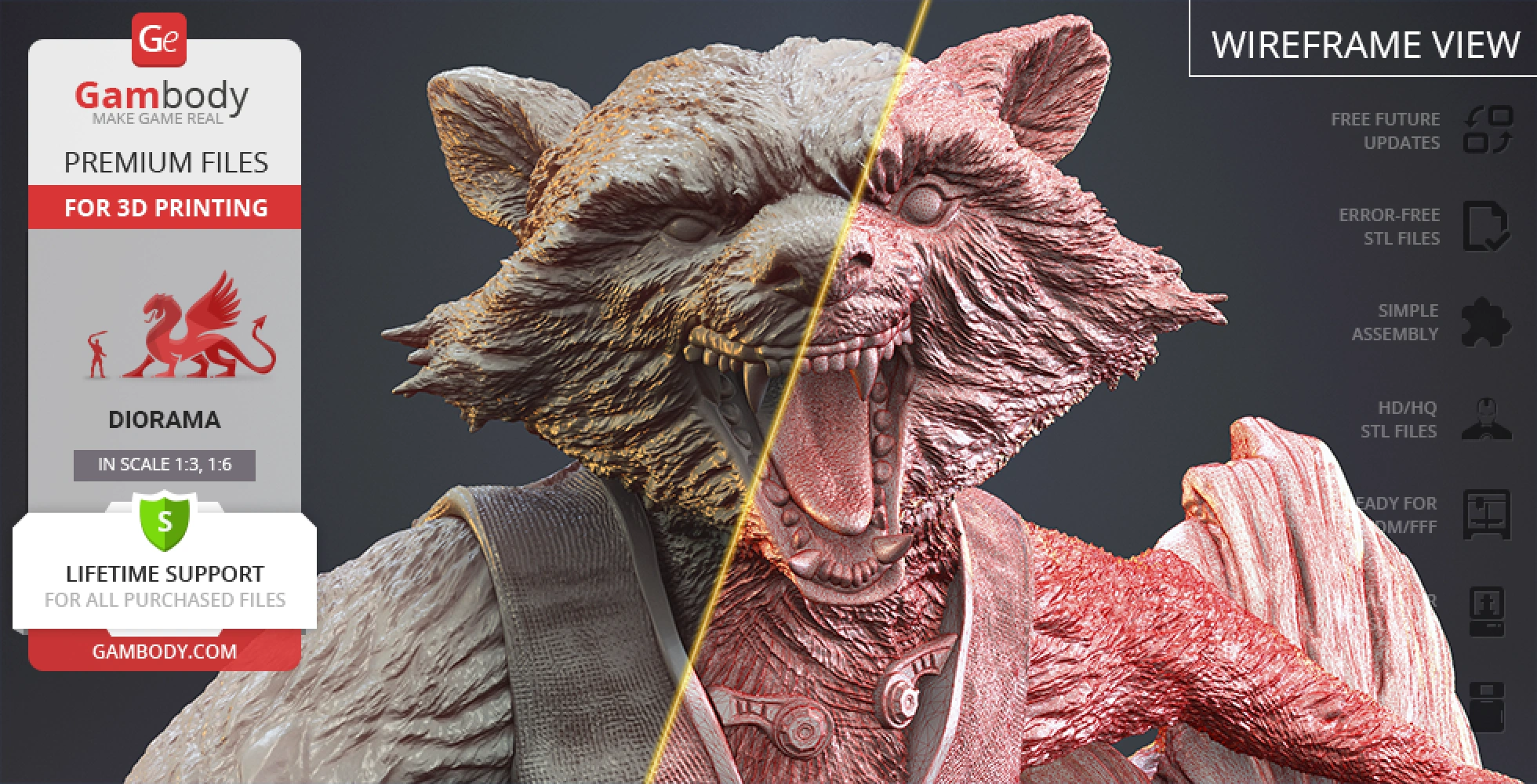 A detailed bust of a fierce raccoon-like character, divided into textured and wireframe views for 3D printing.