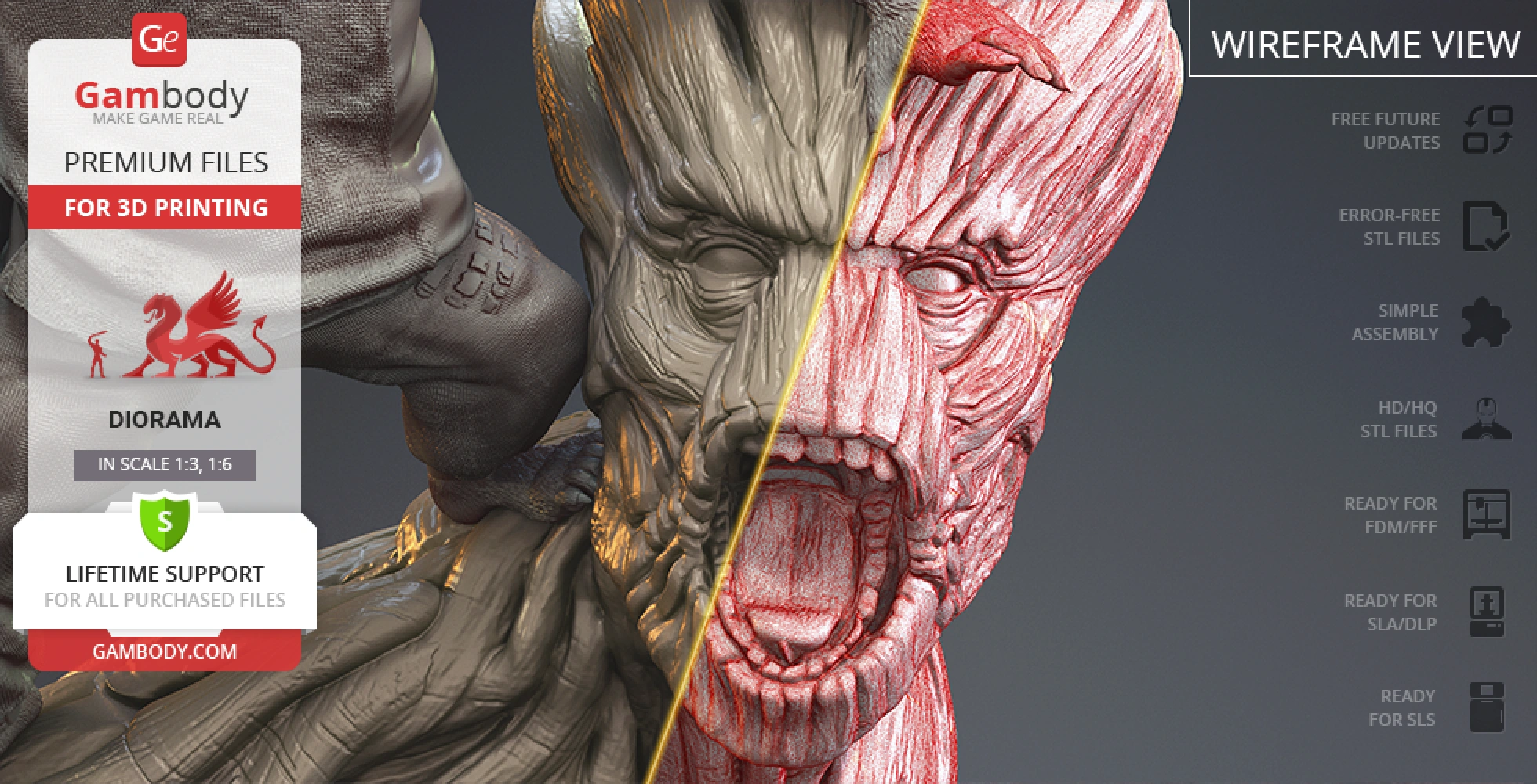 Bust of two characters, detailed 3D model, split view shows textured and wireframe design.