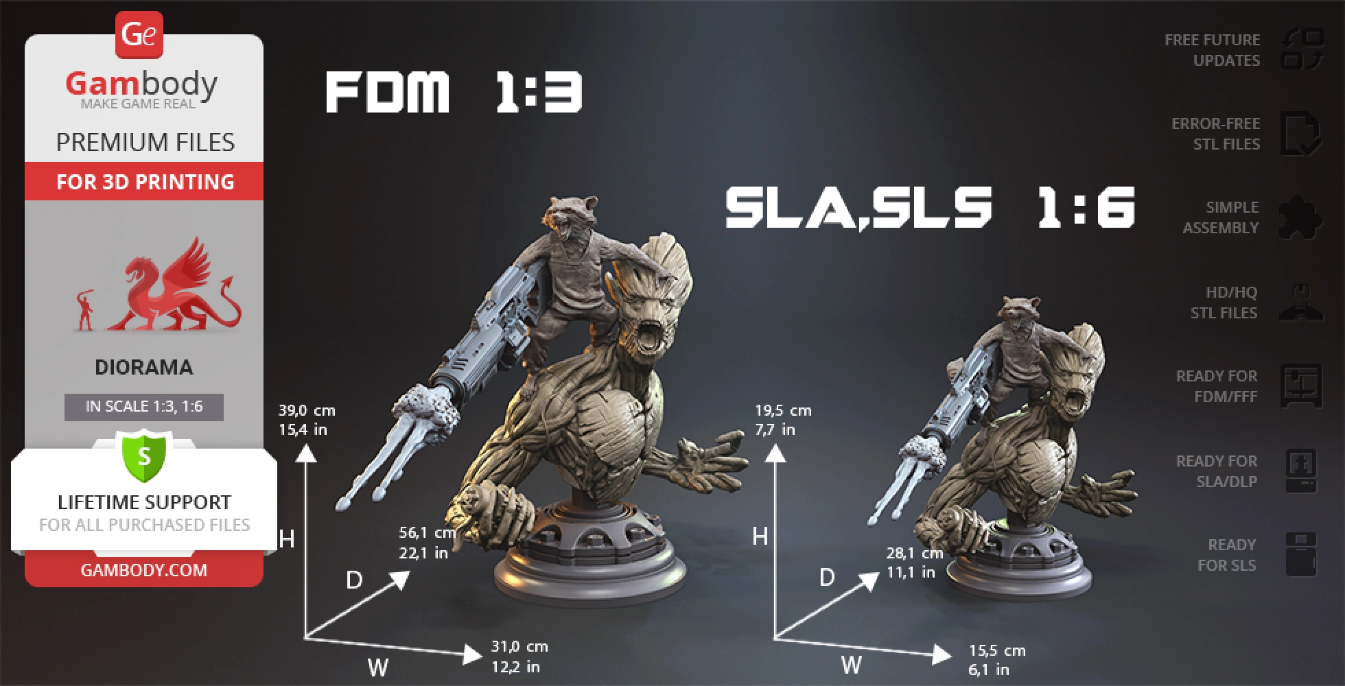 A 3D-printed diorama of Rocket and Groot in dynamic poses on a themed base.